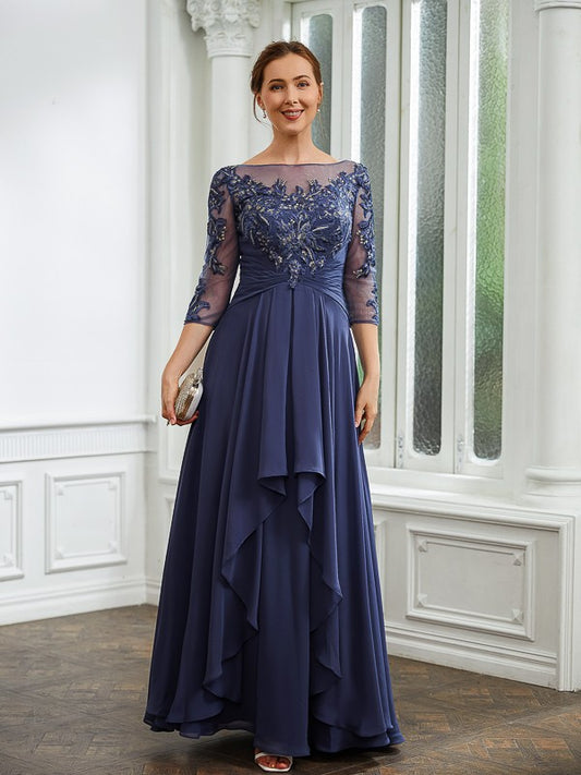 Charlotte A-Line/Princess Chiffon Applique Bateau 3/4 Sleeves Floor-Length Mother of the Bride Dresses DZP0020266