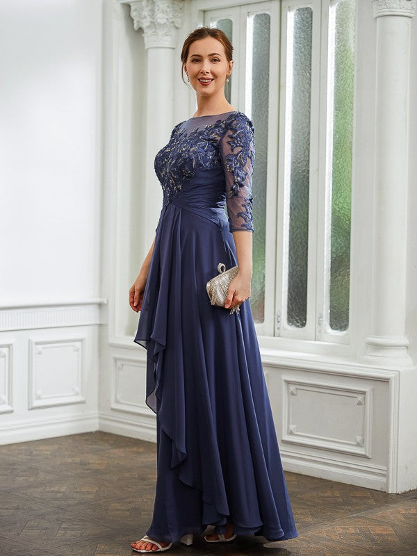 Charlotte A-Line/Princess Chiffon Applique Bateau 3/4 Sleeves Floor-Length Mother of the Bride Dresses DZP0020266