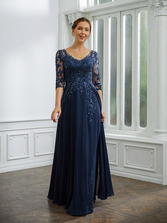 Jolie A-Line/Princess Chiffon Applique V-neck 3/4 Sleeves Floor-Length Mother of the Bride Dresses DZP0020267