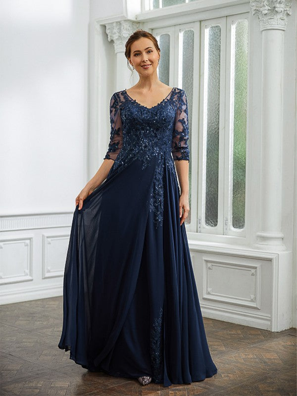 Jolie A-Line/Princess Chiffon Applique V-neck 3/4 Sleeves Floor-Length Mother of the Bride Dresses DZP0020267