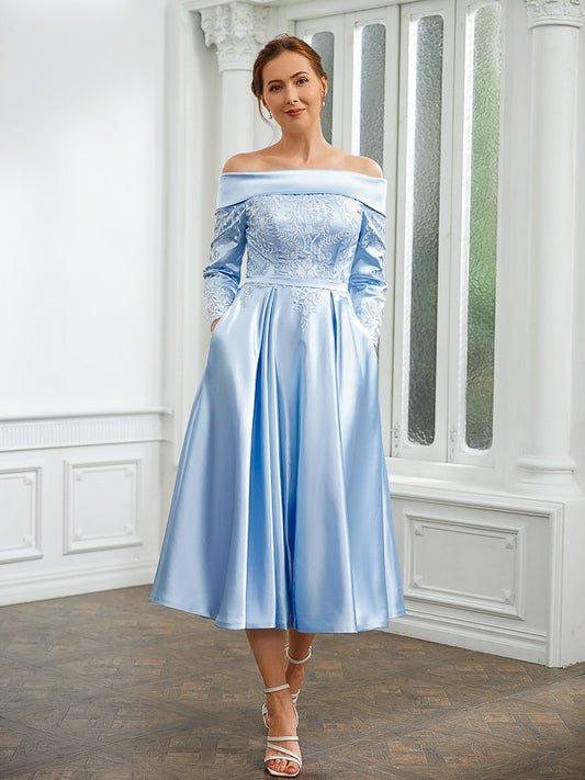Kay A-Line/Princess Elastic Woven Satin Ruched Off-the-Shoulder Long Sleeves Tea-Length Mother of the Bride Dresses DZP0020269