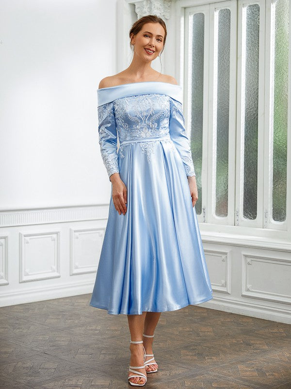 Kay A-Line/Princess Elastic Woven Satin Ruched Off-the-Shoulder Long Sleeves Tea-Length Mother of the Bride Dresses DZP0020269