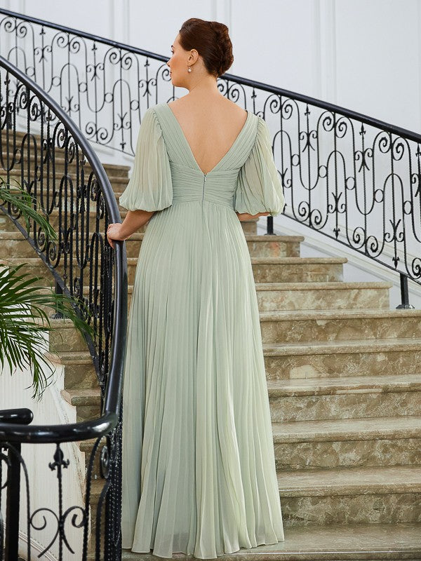 Ariana A-Line/Princess Chiffon Ruched V-neck 1/2 Sleeves Floor-Length Mother of the Bride Dresses DZP0020271