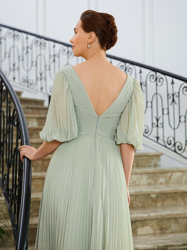 Ariana A-Line/Princess Chiffon Ruched V-neck 1/2 Sleeves Floor-Length Mother of the Bride Dresses DZP0020271