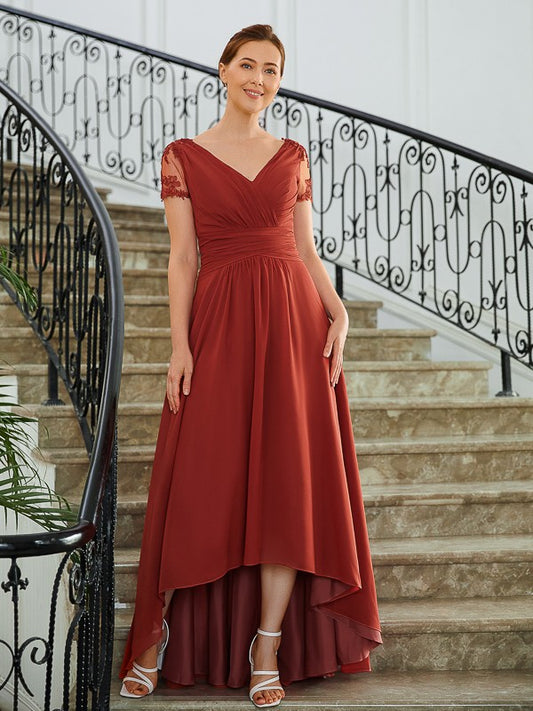 Quinn A-Line/Princess Chiffon Ruched V-neck Short Sleeves Asymmetrical Mother of the Bride Dresses DZP0020273