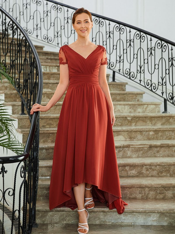 Quinn A-Line/Princess Chiffon Ruched V-neck Short Sleeves Asymmetrical Mother of the Bride Dresses DZP0020273
