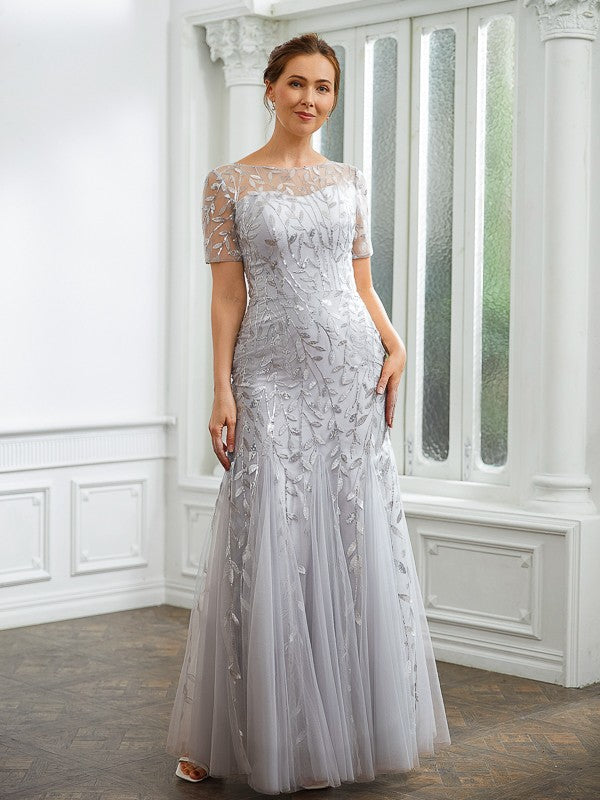 Jaelynn A-Line/Princess Tulle Ruched Bateau Short Sleeves Ankle-Length Mother of the Bride Dresses DZP0020261