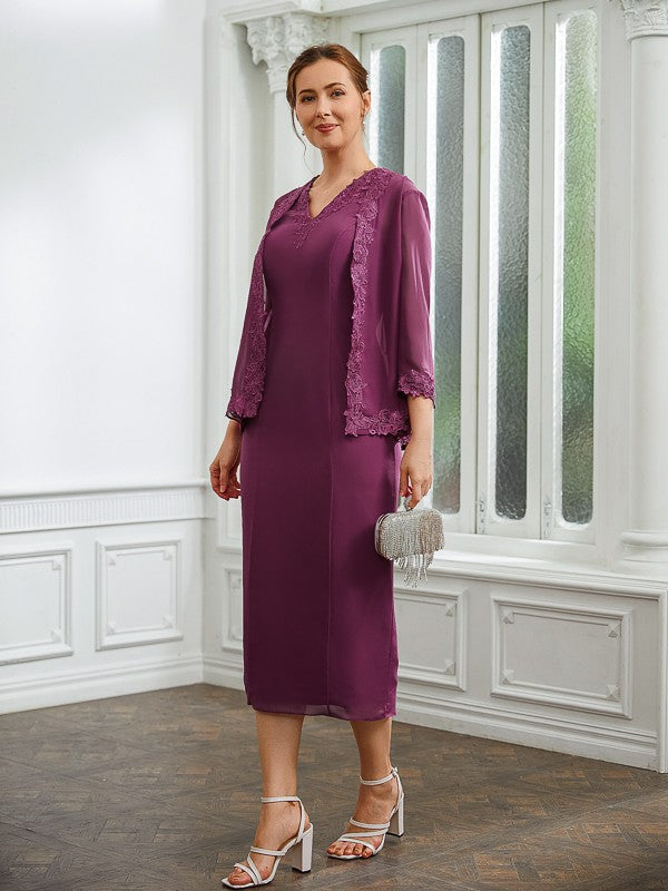 Caitlyn Sheath/Column Chiffon Applique V-neck Sleeveless Tea-Length Mother of the Bride Dresses DZP0020263