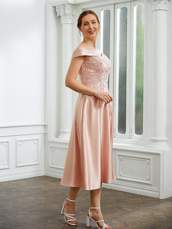 Katherine A-Line/Princess Satin Applique Off-the-Shoulder Sleeveless Tea-Length Mother of the Bride Dresses DZP0020255