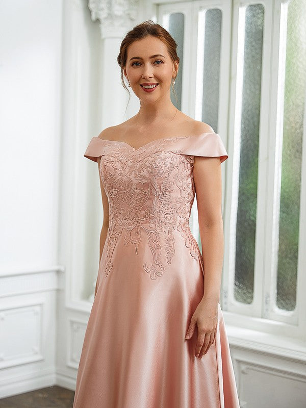 Katherine A-Line/Princess Satin Applique Off-the-Shoulder Sleeveless Tea-Length Mother of the Bride Dresses DZP0020255