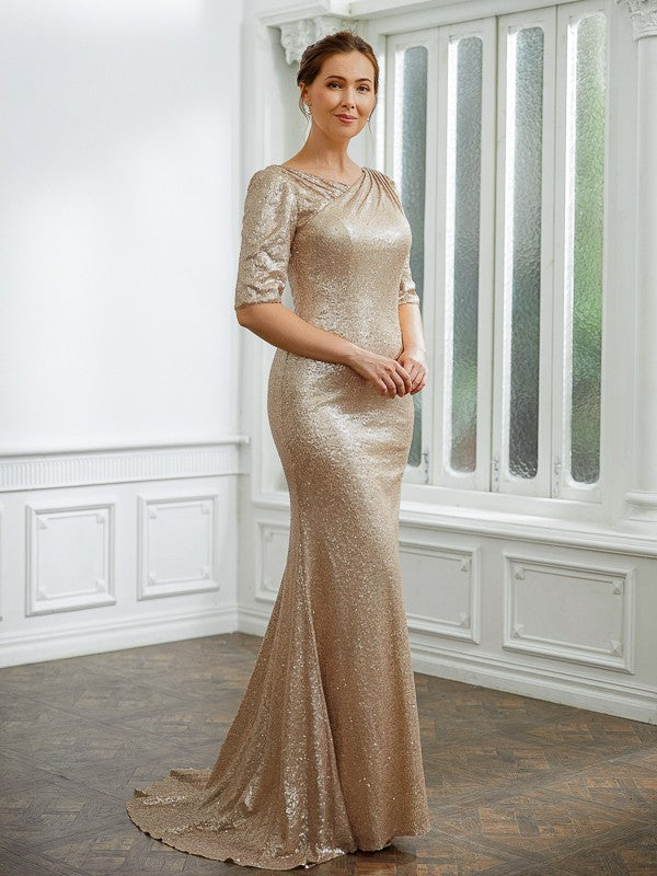 Joy Sheath/Column Sequins Ruched 1/2 Sleeves Sweep/Brush Train Mother of the Bride Dresses DZP0020248