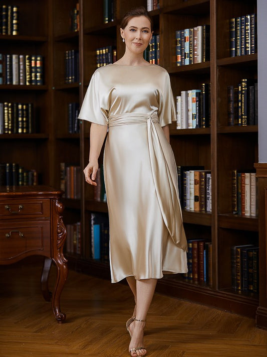 Ruby Sheath/Column Elastic Woven Satin Ruched Scoop Short Sleeves Tea-Length Mother of the Bride Dresses DZP0020242