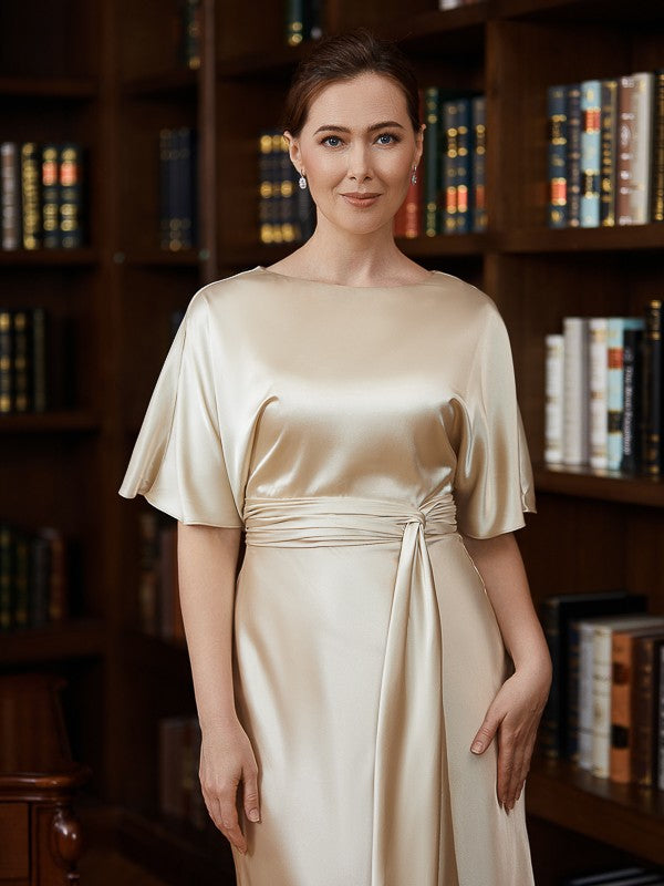 Ruby Sheath/Column Elastic Woven Satin Ruched Scoop Short Sleeves Tea-Length Mother of the Bride Dresses DZP0020242