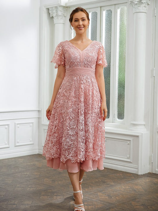 Jordyn A-Line/Princess Chiffon Applique V-neck Short Sleeves Tea-Length Dresses DZP0020244