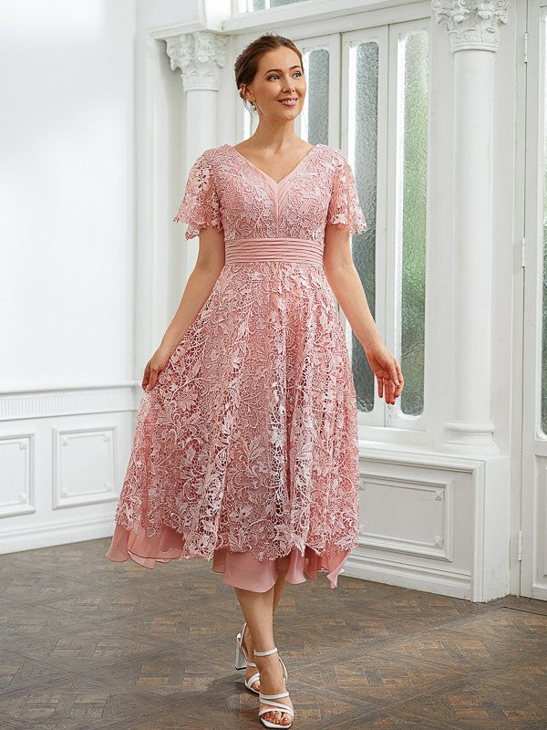 Jordyn A-Line/Princess Chiffon Applique V-neck Short Sleeves Tea-Length Dresses DZP0020244