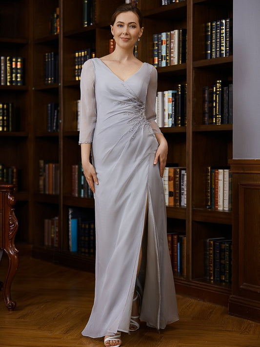 Margaret Sheath/Column 30D Chiffon Beading V-neck 3/4 Sleeves Floor-Length Mother of the Bride Dresses DZP0020247