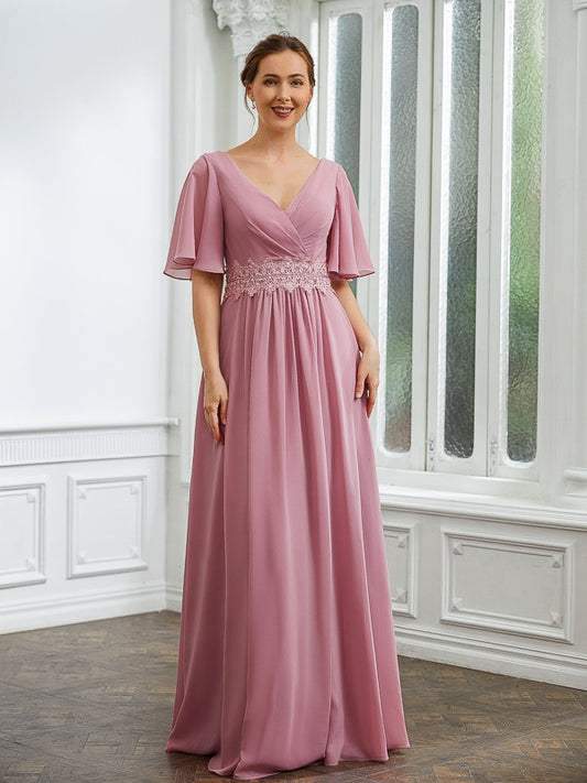 Jasmin A-Line/Princess Chiffon Ruched V-neck 1/2 Sleeves Floor-Length Mother of the Bride Dresses DZP0020248