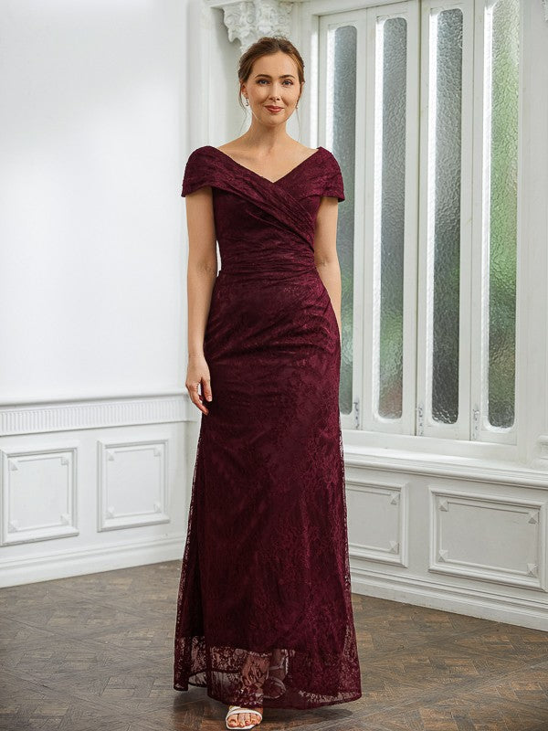 Gill Sheath/Column Lace Ruched V-neck Short Sleeves Floor-Length Mother of the Bride Dresses DZP0020246
