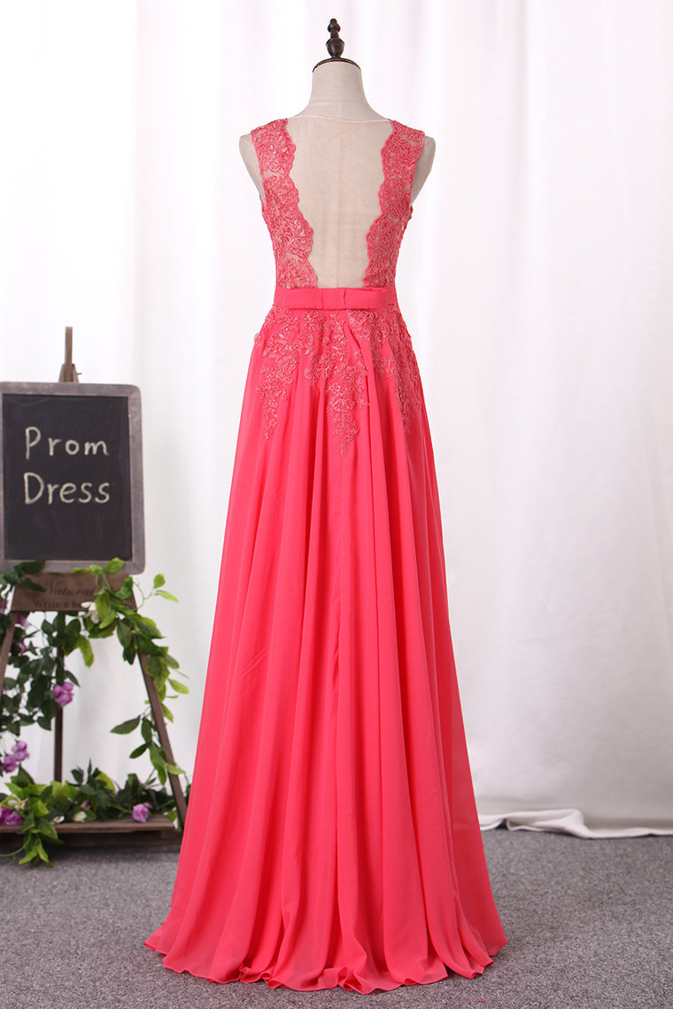 2022 Prom Dresses A Line Scoop Chiffon With Applique Floor Length