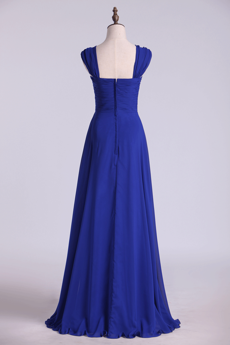 2024 Dark Royal Blue Prom Dresses A Line Straps Floor Length Chiffon Ruffled