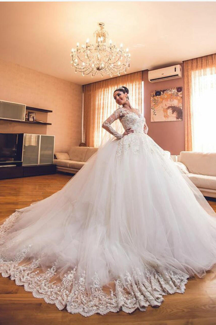 Wedding Dresses Scoop Long Sleeves A Line Tulle With Applique And Beads
