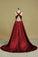 2022 Red V Neck Evening Dresses A Line Sweep Train  With Slit And Ruffles