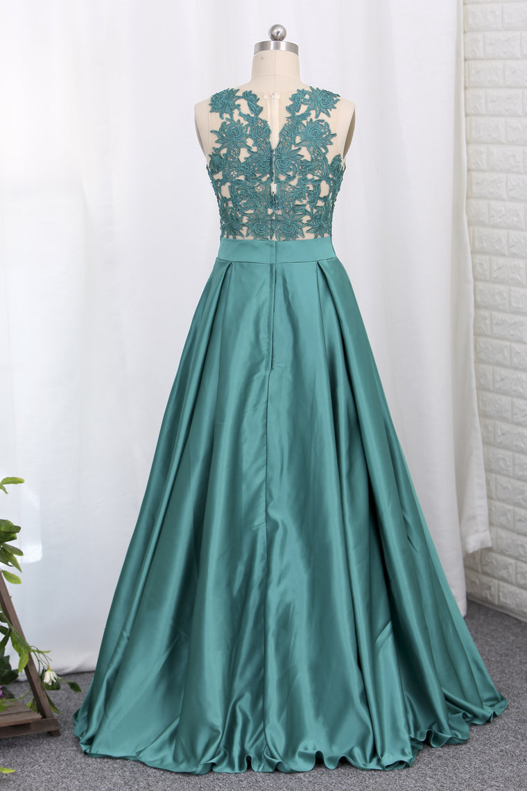 2024 A Line Prom Dresses Satin Scoop With Applique Sweep Train