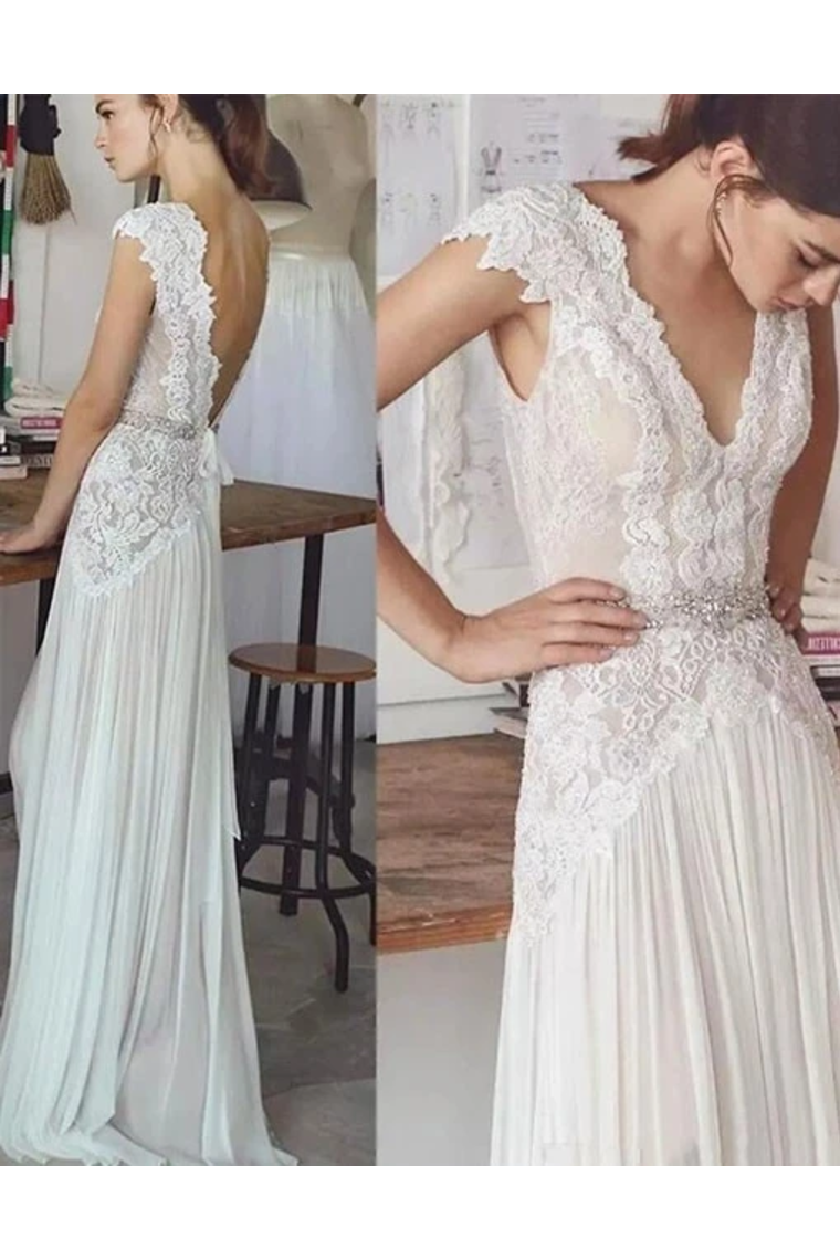 Unique V Neck Cap Sleeves Chiffon Beach Wedding Dress With Beading Waistline