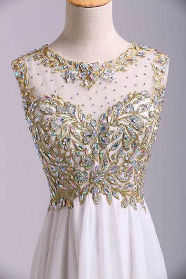 2022 Scoop Neckline Off The Shoulder Prom Dresses White Floor Length Chiffon With Gold Embroidery