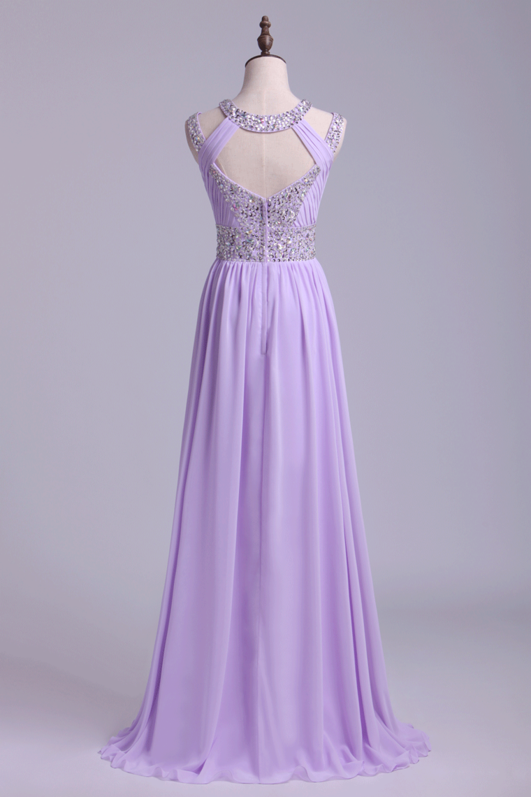 2022 Sexy Prom Dresses Scoop A Line Floor-Length Open Back Chiffon With Beading