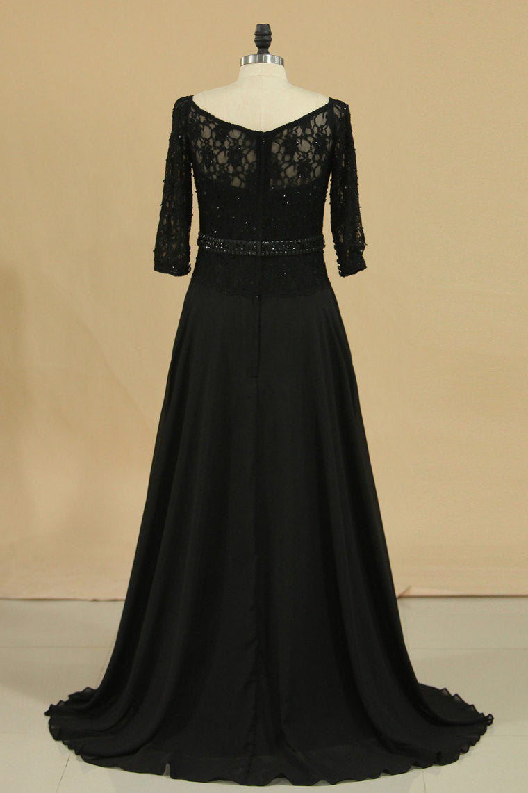 2024 Black Mother Of The Bride Dresses 3/4 Length Sleeve A Line Chiffon & Lace Sweep Train