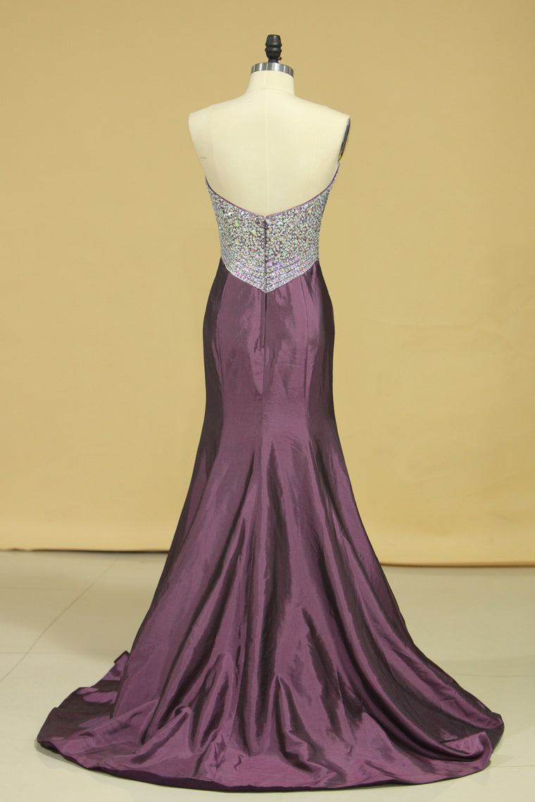 2022 Plus Size Sweetheart Beaded Bodice Mermaid Taffeta Prom Dresses Floor Length Grape