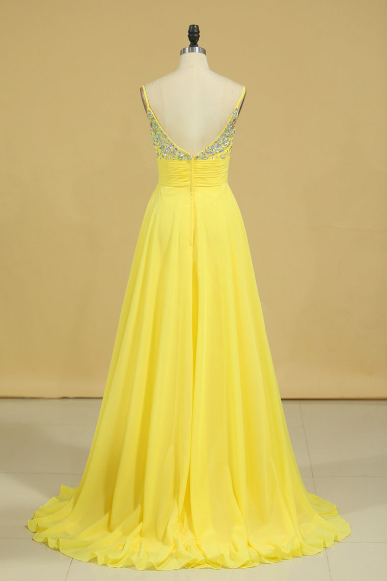 2022 Prom Dress Spaghetti Straps Rhinestone Beaded Bodice Runched Waistband With Flowing Chiffon Skirt