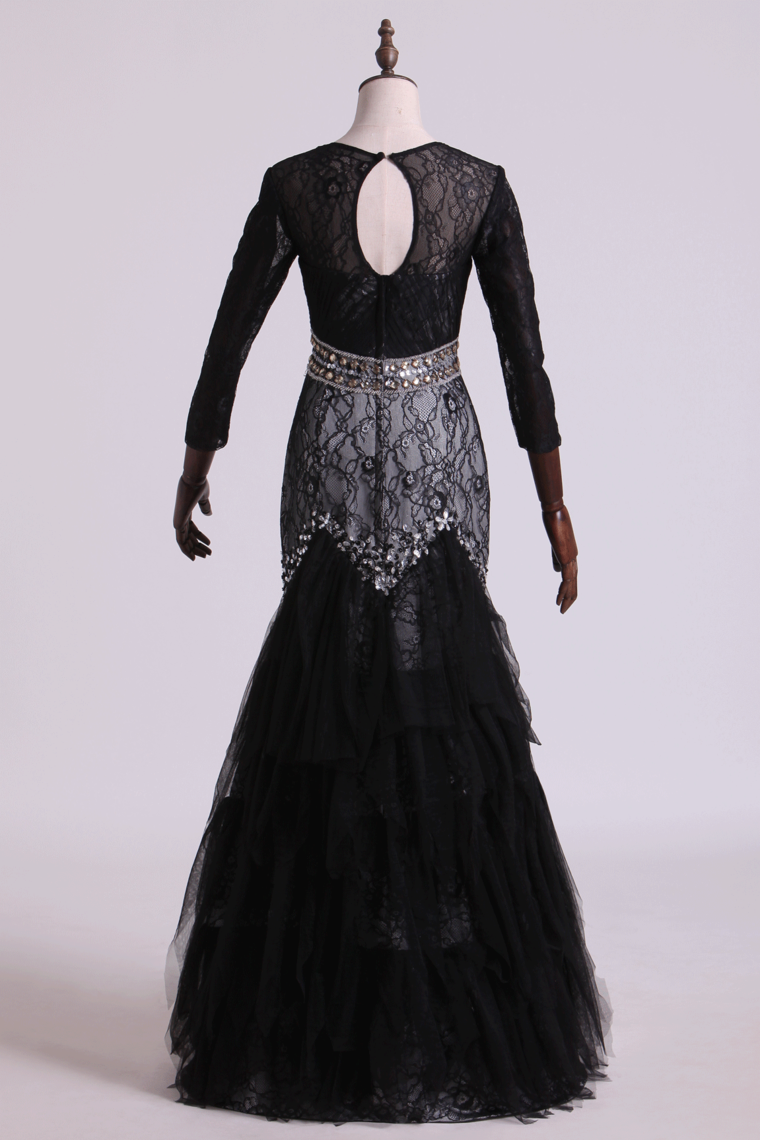 2024 Black Mermaid Evening Dresses Scoop Open Back Long Sleeves Tulle & Lace With Beading