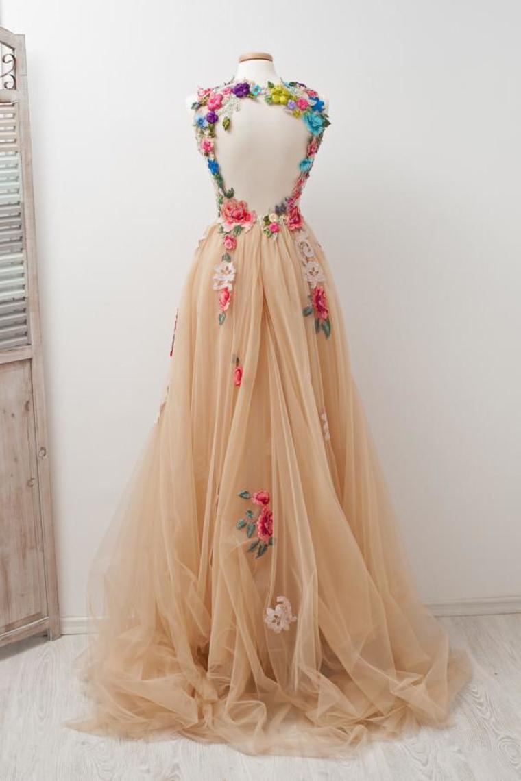 Lovely Open Back Charming Tulle Elegant Prom Dresses Applique Prom Gowns
