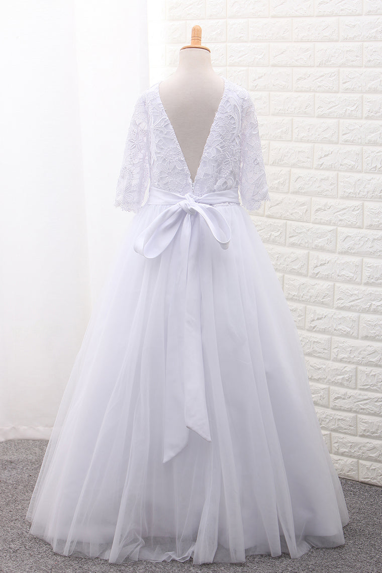 2024 Mid-Length Sleeves Scoop Ball Gown Flower Girl Dresses Tulle With Sash