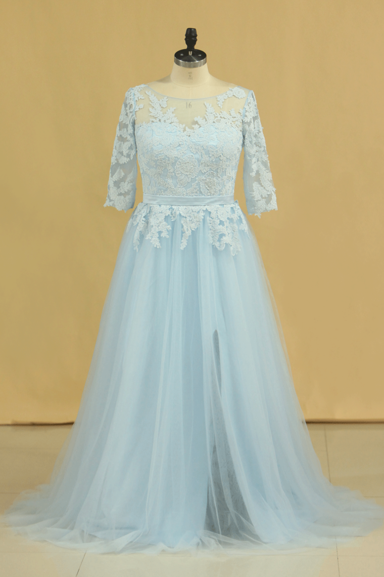 2022 Mother Of The Bride Dresses A Line Bateau Tulle With Applique And Sash Sweep Train Plus Size Light Sky Blue