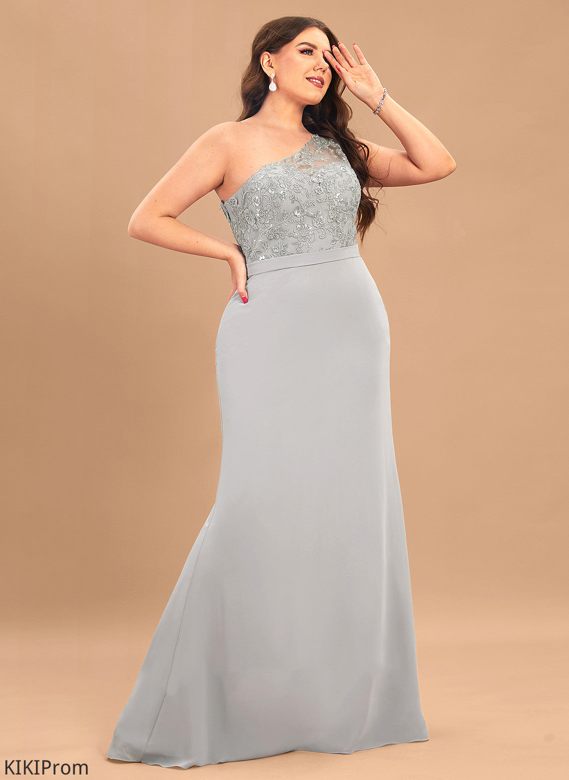 SweepTrain Silhouette Trumpet/Mermaid Lace One-Shoulder Length Fabric Neckline Straps Jasmine Natural Waist V-Neck Bridesmaid Dresses