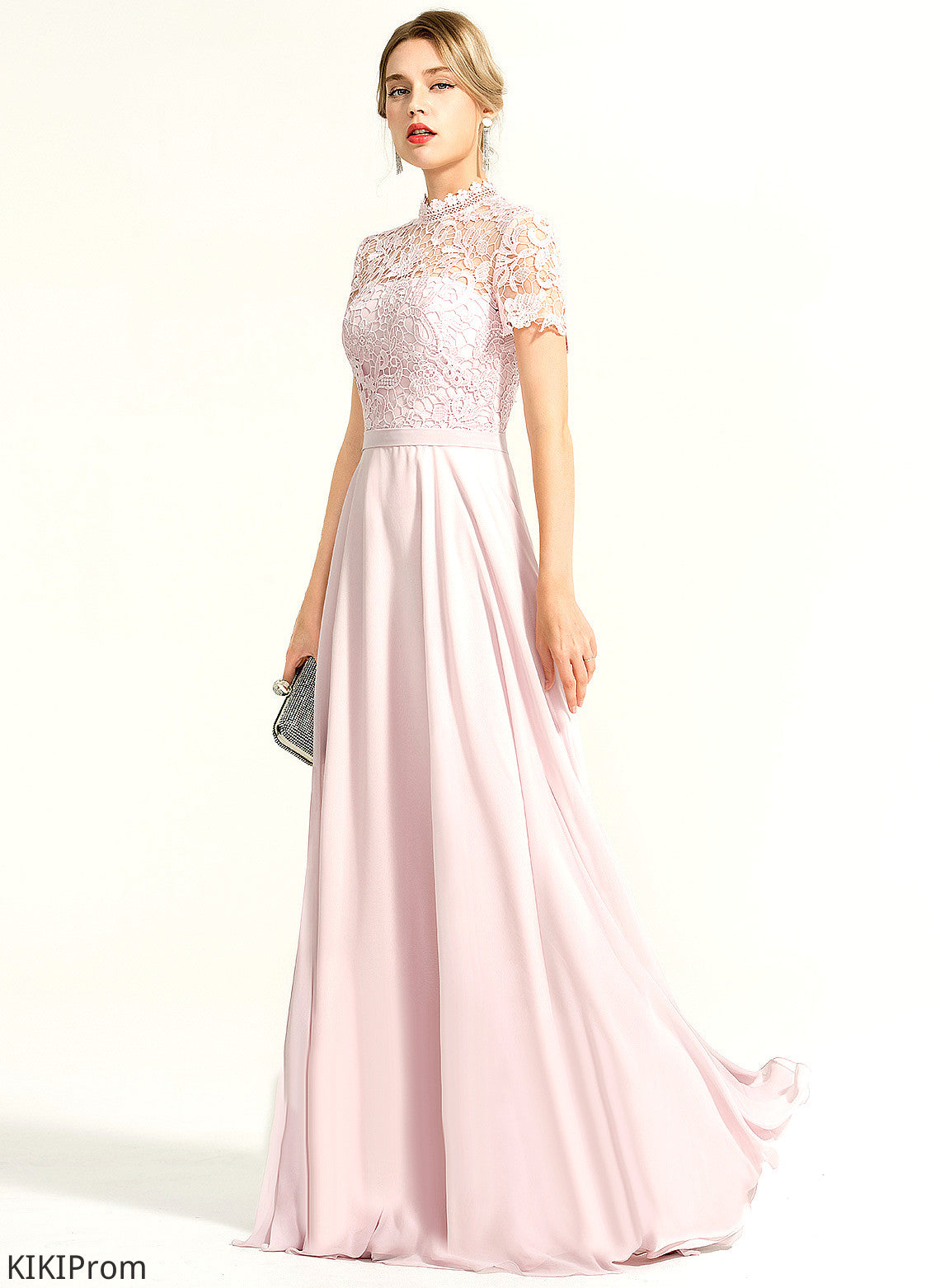 Illusion Chiffon Harper Neck High Lace A-Line Floor-Length Prom Dresses