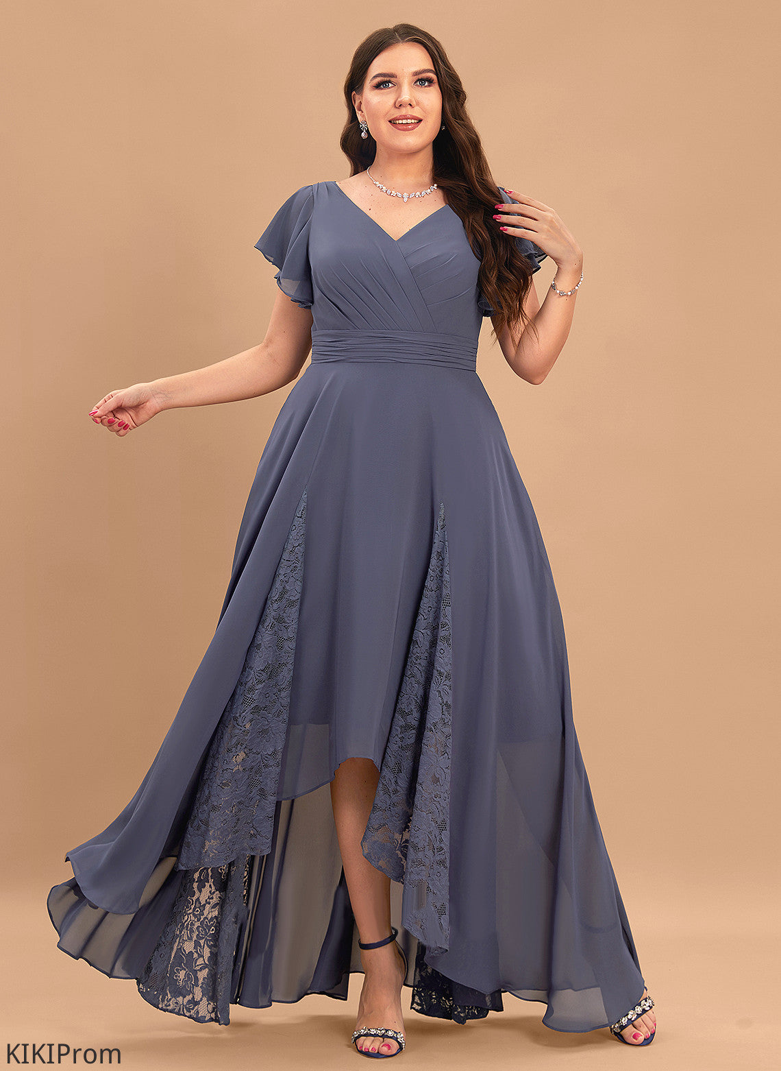 Dress Chiffon Lace With Asymmetrical A-Line Taniyah V-neck Ruffle Cocktail Cocktail Dresses
