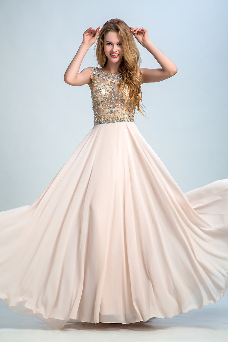 2022 Prom Dress Scoop A Line Floor Length Beaded Tulle Bodice With Chiffon Skirt