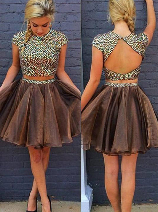 2024 A-Line Two Piece Jewel Neck Short Sleeve Beading Back Cut Out Sariah Homecoming Dresses Organza Short/Mini