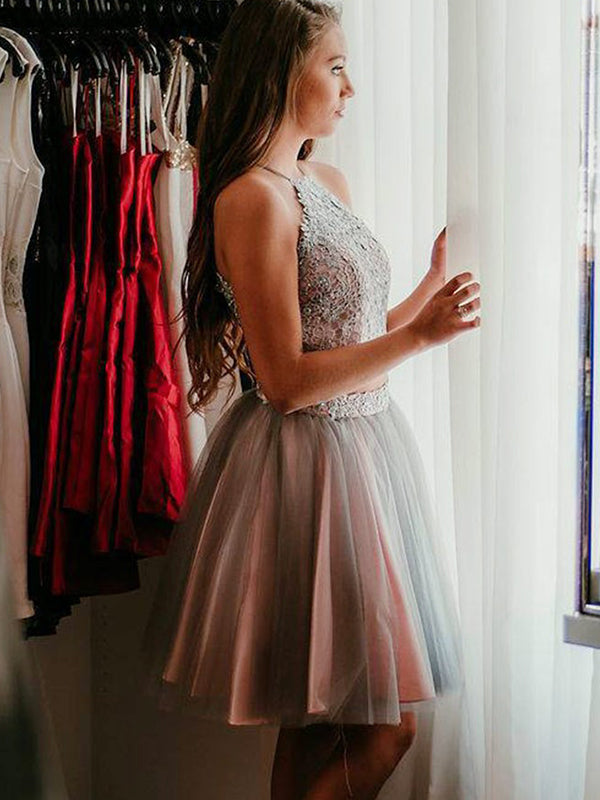2024 Ball Gown Two Piece Halter Aliyah Homecoming Dresses Sleeveless Applique Tulle Knee-Length