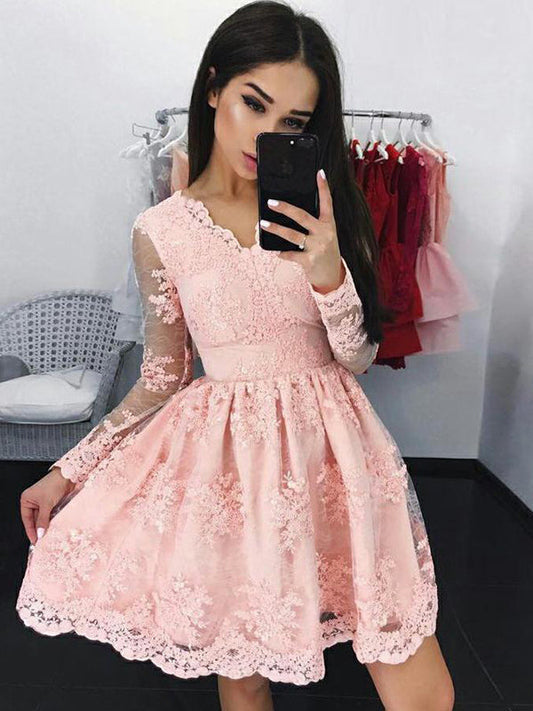 2024 A-Line V Neck Kailee Homecoming Dresses Lace Long Sleeve Applique Pleated Cut Short/Mini