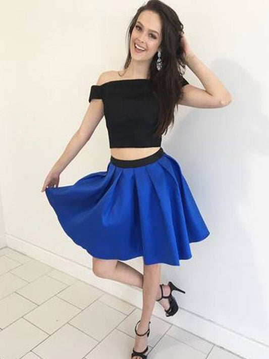 Two Piece Off-The-Shoulder Pleated Cut Short Homecoming Dresses Angela Satin Mini