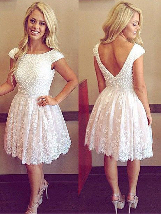 Knee-Length Pearls Lace Leanna Homecoming Dresses Beading Scoop Neck V Back