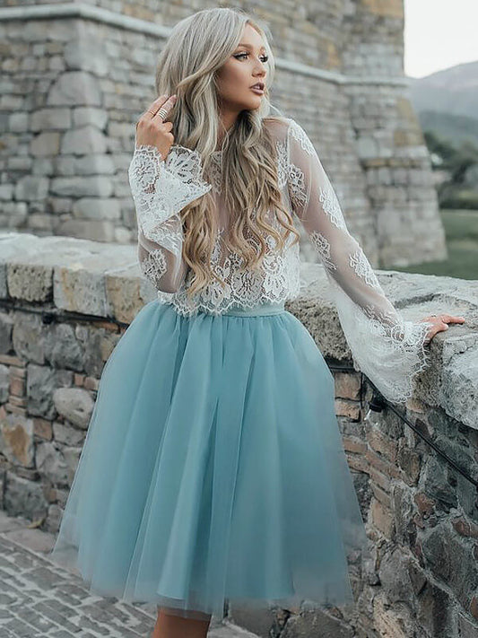Lace Homecoming Dresses Jill Two Piece See Through Scoop Neck Long Sleeve Tulle Ball Gown Knee-Length