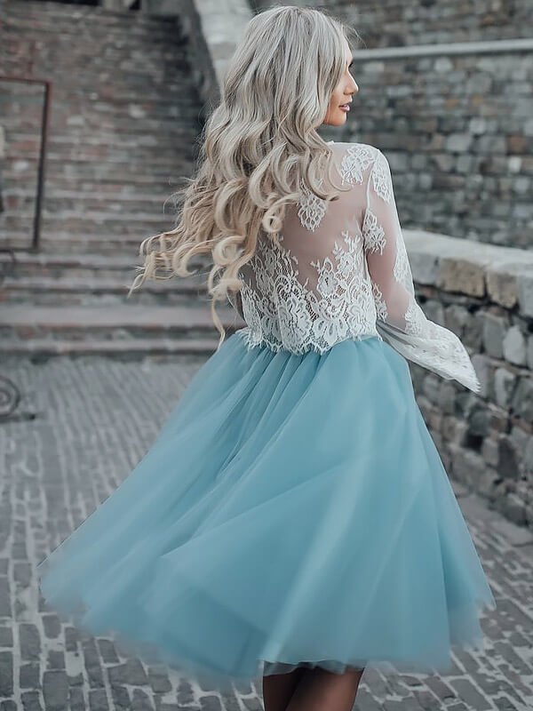 Lace Homecoming Dresses Jill Two Piece See Through Scoop Neck Long Sleeve Tulle Ball Gown Knee-Length
