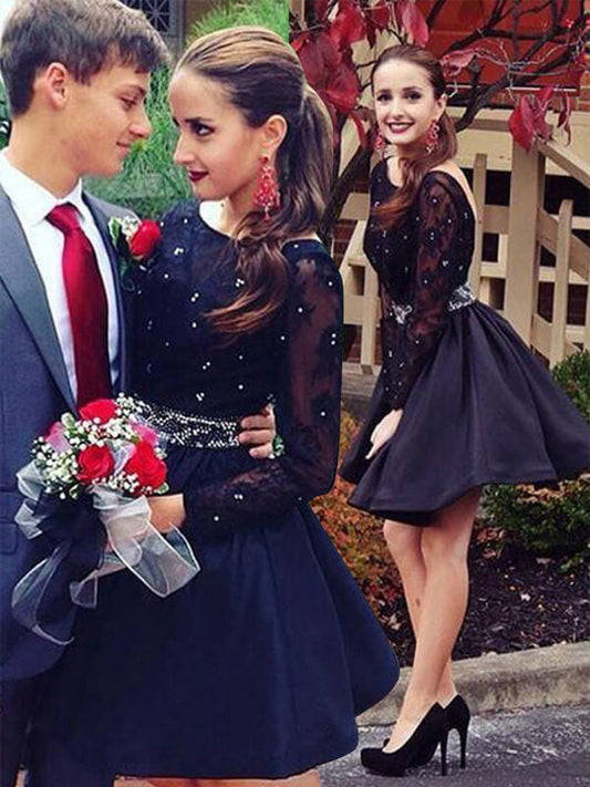 Scoop Neck Long Sleeve Backless Cut Short Mini Ryann Homecoming Dresses Lace Beading Ball Gown
