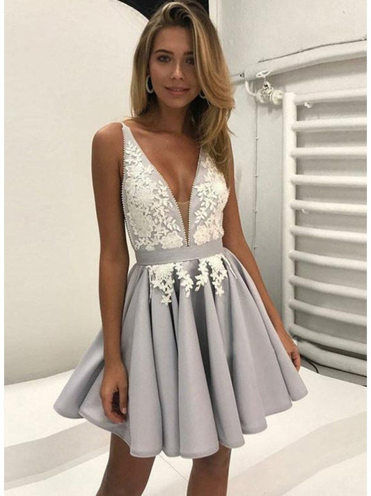Silver Deep V Neck Homecoming Dresses Lace Mylee A Line Satin Straps Appliques Pleated Flowers